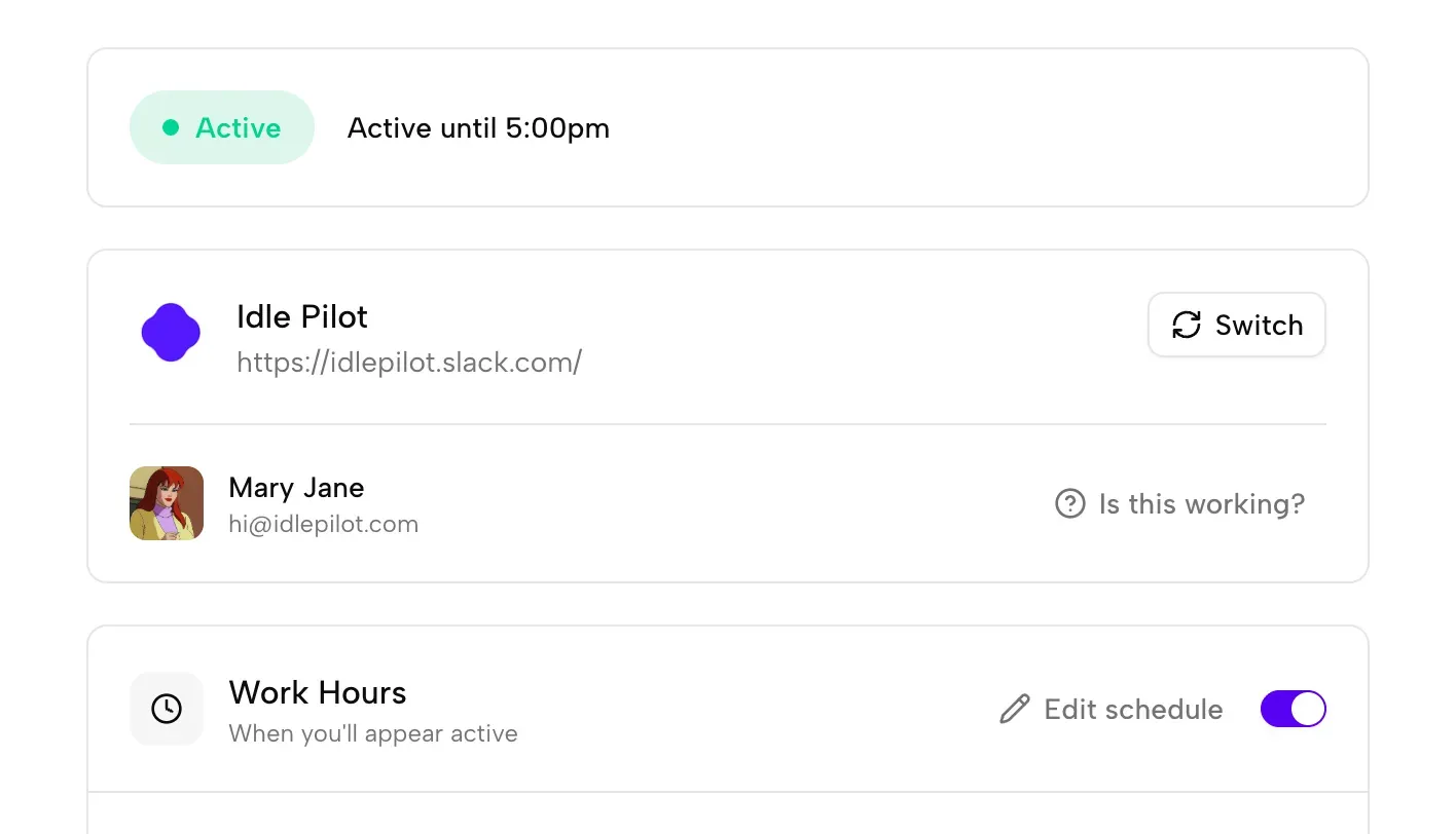 Idle Pilot dashboard showing work hours configuration