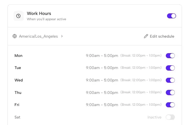 Idle Pilot saved Work Hours: weekday schedules, daily lunch breaks, time zone, and on/off controls