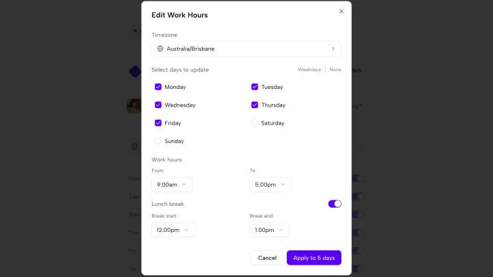Idle Pilot Work Hours editor with weekdays, time zone, hours, and Lunch Break controls