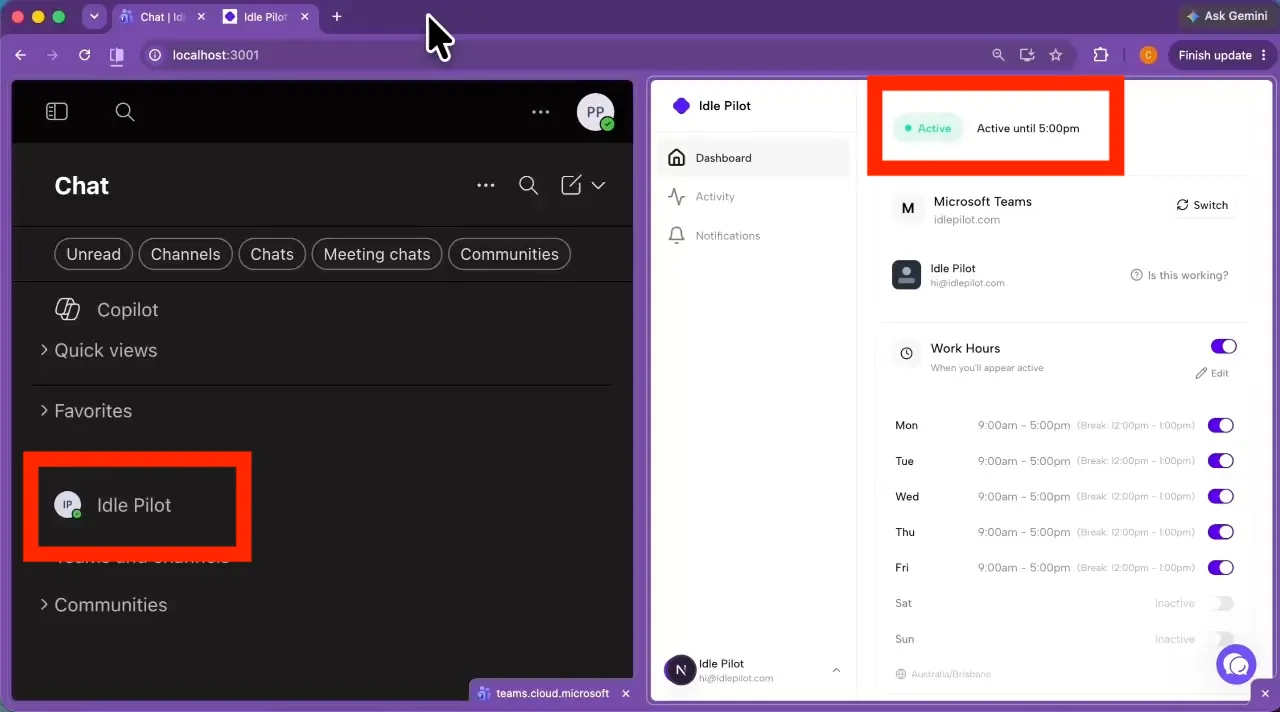 Idle Pilot showing Microsoft Teams connected for scheduled Work Hours